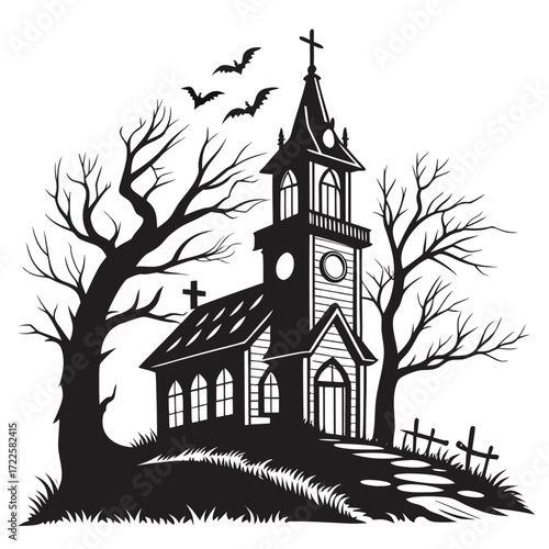 Spooky silhouette of a haunted church with bare trees and bats flying at dusk