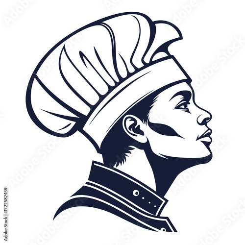 Stylized profile illustration of a female chef wearing a tall toque and chef s jacket
