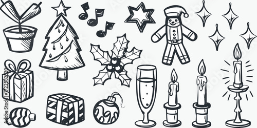 Hand drawn christmas elements including gifts tree gingerbread man holly candles and champagne glass