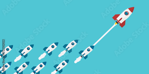 One rocket leads the way as others follow in a clear blue sky representing success and innovation
