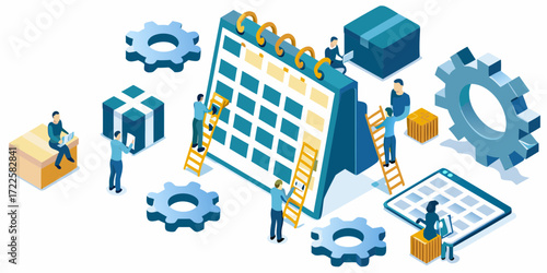 Teamwork and planning for project management and business operations with calendar and gears