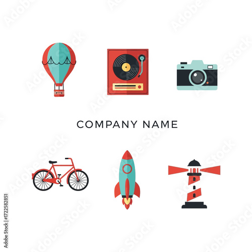 Collection of various retro-style objects and icons on a white background.