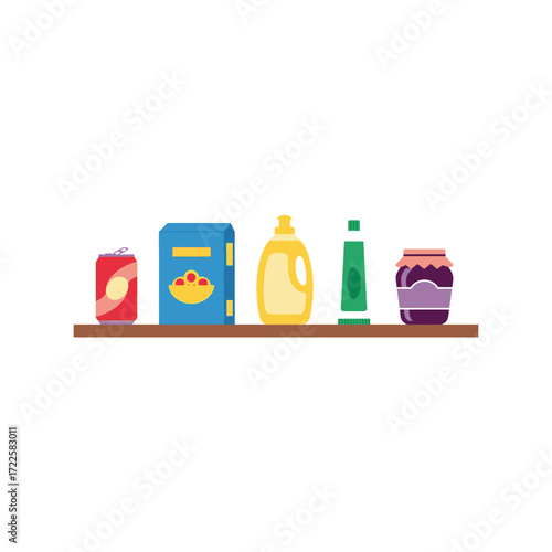 Grocery shelf assortment food drinks household items flat illustration vector