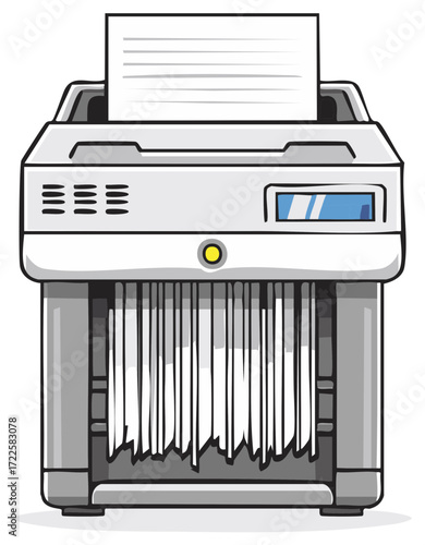Illustrative paper shredder machine processing documents for security and confidentiality. Business equipment concept