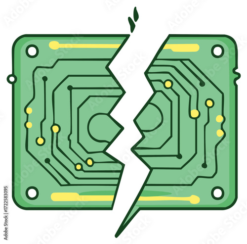 Broken green circuit board split in two halves symbolizing digital system failure and technological damage