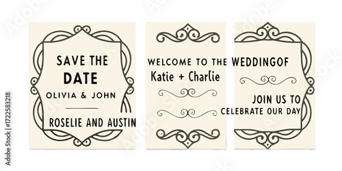 Elegant wedding invitation set featuring save the date welcome and celebration messages with decorative borders
