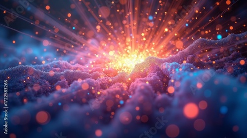 Glowing Particles Bursting Through Textured Clouds