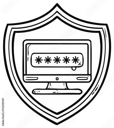 Computer screen displaying password stars within a protective shield emblem