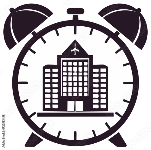 Airport building inside an alarm clock representing travel schedule and flight departure time