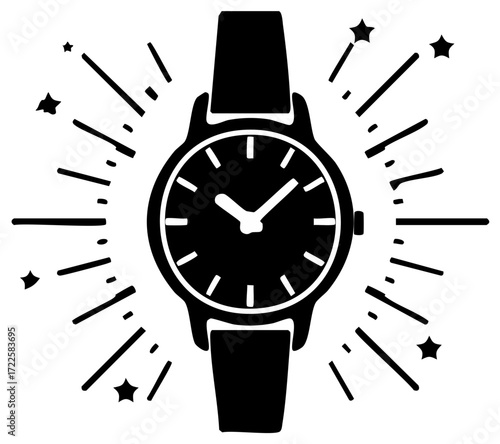 Elegant Wristwatch with Celestial Embellishments in Black and White Vector Style