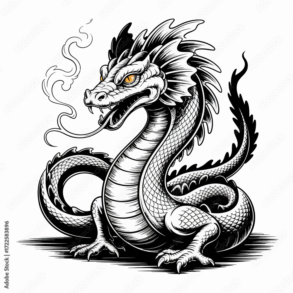 Obraz premium Stylized Ink Drawing of Curled Dragon with Smoke and Scales | Black and White Dragon Illustration with Yellow Eyes | Detailed Mythical Dragon Artwork with Claws and Smoke