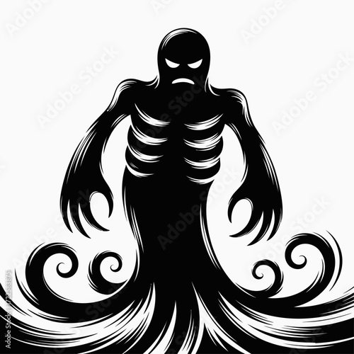 Menacing Shadowy Ghost Figure with Glowing Eyes and Exposed Ribcage | Supernatural Smoke-Form Entity with Angry Expression | Dark Spirit Illustration of Ghostly Figure with Skeletal Chest