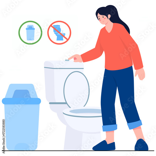 Woman flushing toilet with trash can and signs