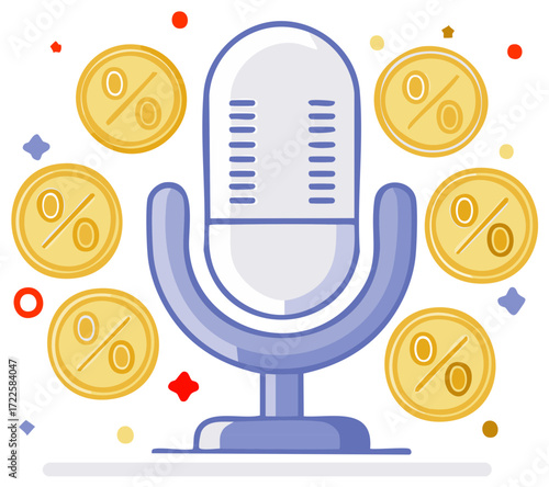 Retro microphone with golden coins featuring percentage symbols symbolizing podcasting revenue and financial gains