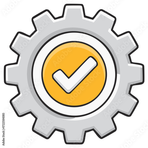 Silver Gear with Yellow Checkmark Symbolizing Success and Completion