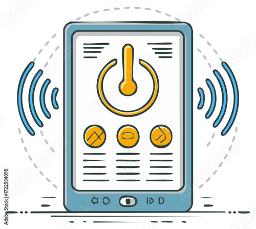 Modern portable device with prominent power button and radiating wireless signals, digital technology control concept.
