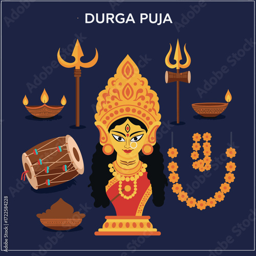 Vibrant flat design illustration showcasing essential elements of Durga Puja, including Goddess Durga, Trishul, Diyas, and traditional Dhak drum. Perfect for festive greetings and cultural content.