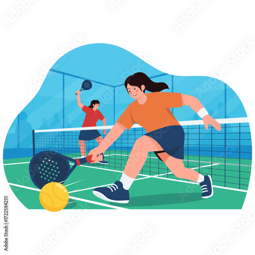 Two women playing padel on a court