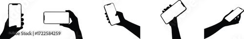 Smartphone hand gestures silhouette set – mobile phone holding positions, hand with smartphone icons in different angles, touchscreen device illustration vector