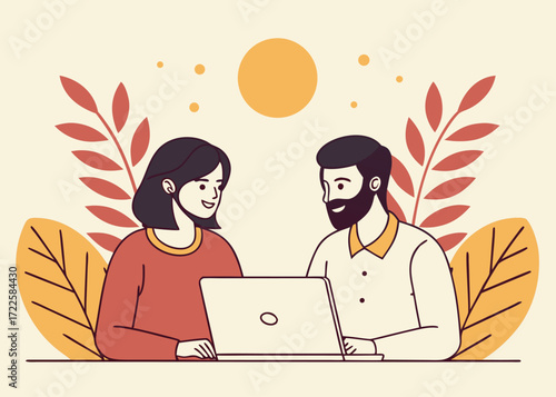 Man and Woman Working Together on a Laptop with Autumnal Foliage and Sun couple computer