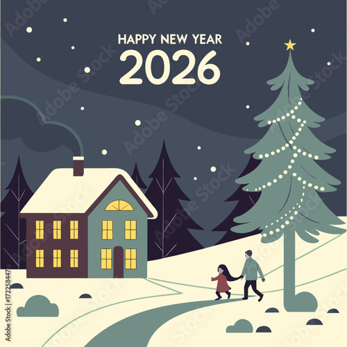 Happy new year 2026 with family walking near house at night scene
