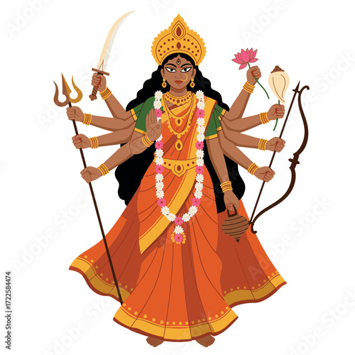 Vibrant illustration of Goddess Durga, a powerful Hindu deity with ten arms holding sacred items. Perfect for religious and cultural designs.