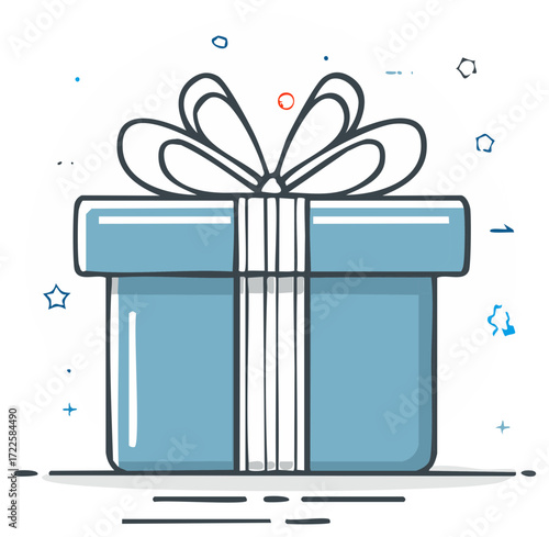 Blue gift box with white ribbon bow and decorative elements