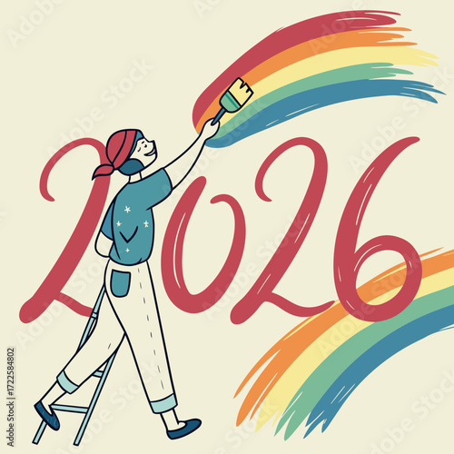 Celebrating the new year 2026 by painting a rainbow with a happy painter
