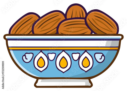 Cartoon illustration of almonds in an ornate ceramic bowl