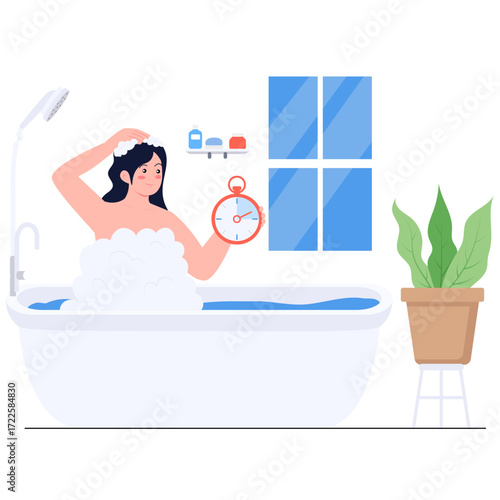 Woman bathing with stopwatch in bathtub window plant
