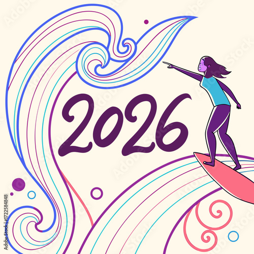 A surfer girl rides a wave into the year 2026