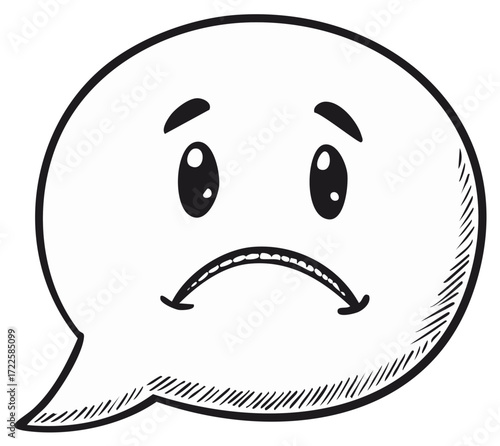 Sad speech bubble cartoon icon illustration with a depressed face, sketch style.