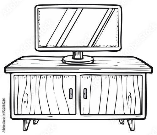 Doodle illustration of a flat screen television on a wooden media console cabinet