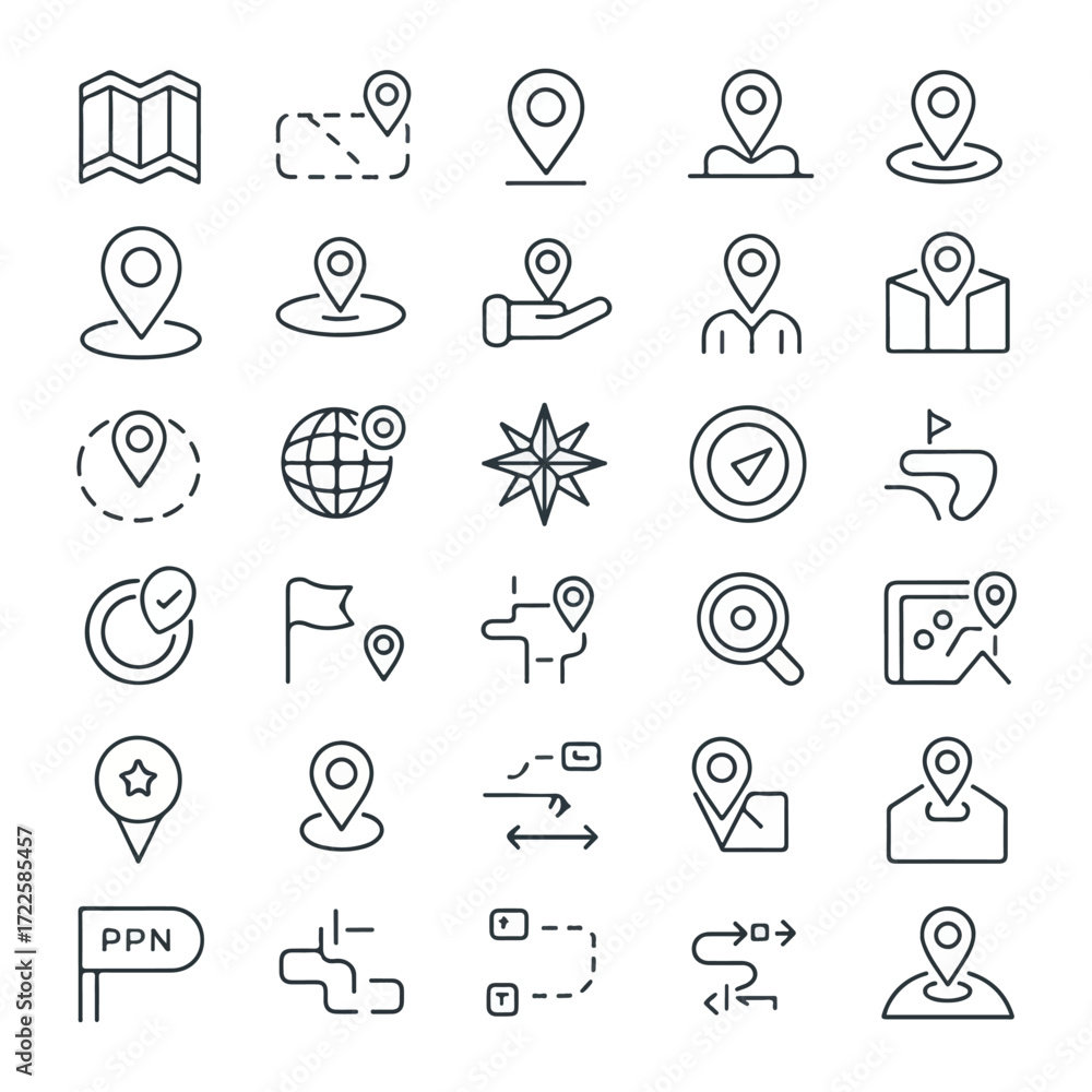 Fototapeta premium Minimal Monoline Map, GPS & Navigation Icons