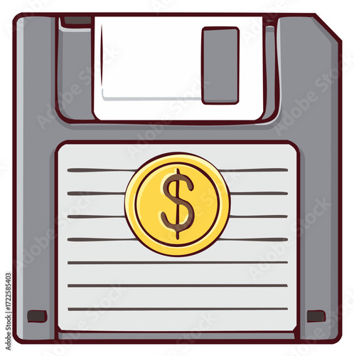 Floppy disk icon with golden dollar symbol isolated in a cartoon style