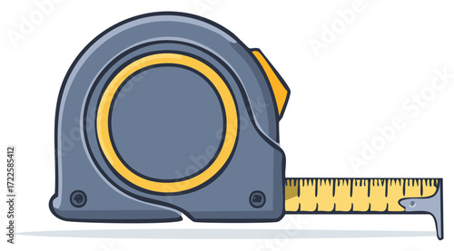 Vector illustration depicting a retractable gray and yellow tape measure, a tool for measuring length in construction and home improvement projects.