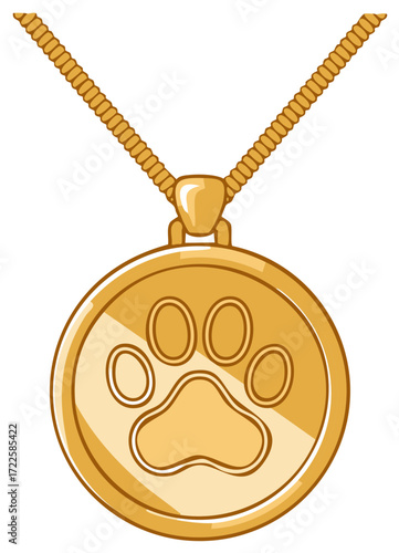 Gold necklace with a round medallion featuring an embossed pet paw print symbol