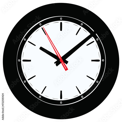 Minimalist analog clock illustration with black frame, white face, and prominent red second hand