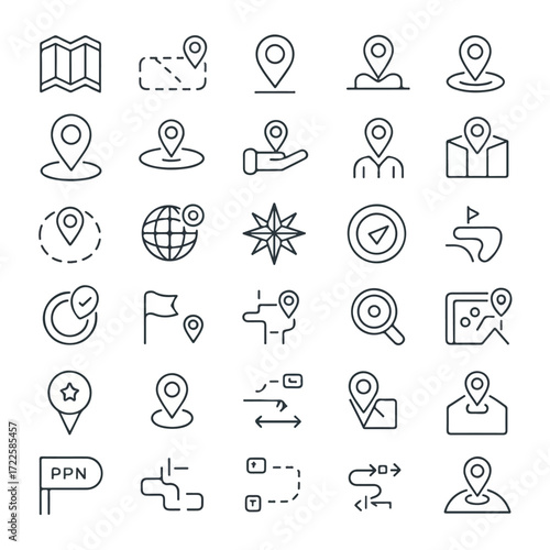 Minimal Monoline Map, GPS & Navigation Icons
