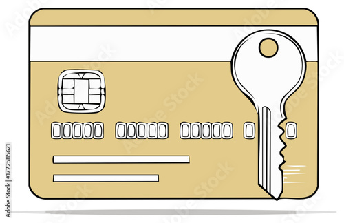 Credit card with a large key symbolizing financial security and access to funds payment protection concept illustration