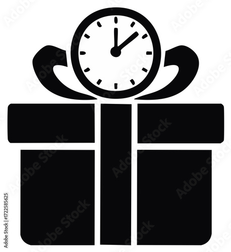 Black icon of a gift box with a clock representing a timely present or countdown