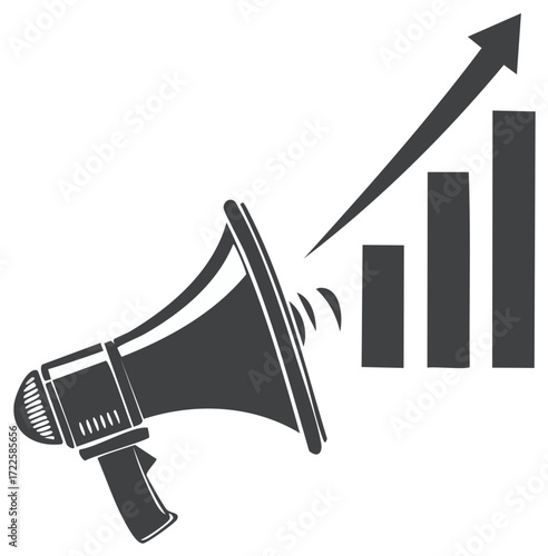 Megaphone amplifying a growing bar chart representing business growth and marketing success