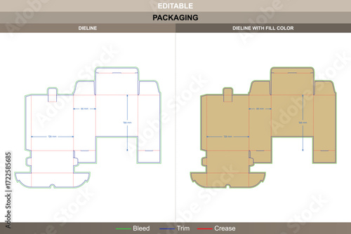 Rotating flip box packaging template with interlocking clasp design featuring professional carton dieline and editable structural die line for carton production