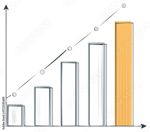 Hand drawn illustration of a financial growth chart with rising bars and upward trending line
