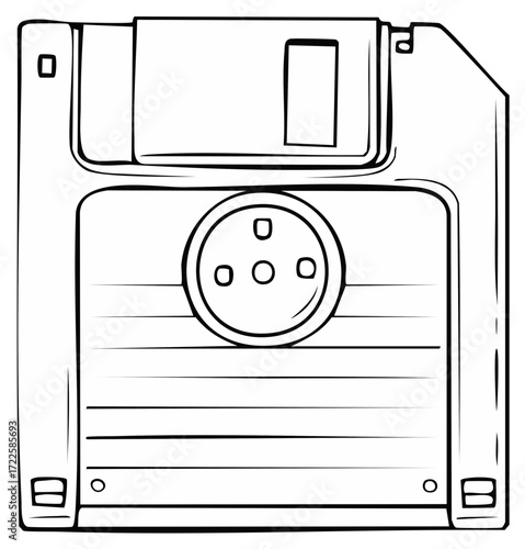 Classic floppy disk line art illustration representing vintage data storage and computing technology