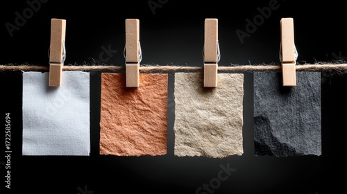 Collection of Four Wrinkled Paper Sheets Hung on Twine with Wooden Clothespins Against Black Background