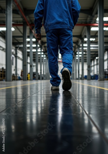 Person in Blue Work Suit Walking Through Modern Industrial Warehouse with Clean Floors and Organized Space