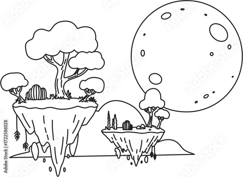 Whimsical floating islands with a large moon in a surreal fantasy line art landscape