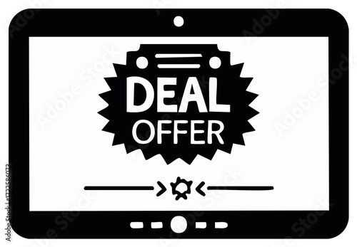 Tablet screen with deal offer, black and white icon, business marketing illustration