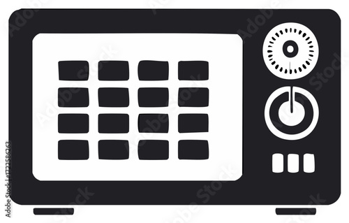 Black and white kitchen microwave oven icon featuring keypad and timer dial for cooking